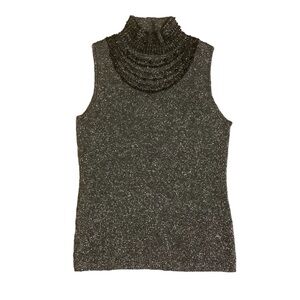 GRACE SILK BLEND METALLIC SILVER SLEEVELESS TOP WITH BEADED NECK LINE/ Size L